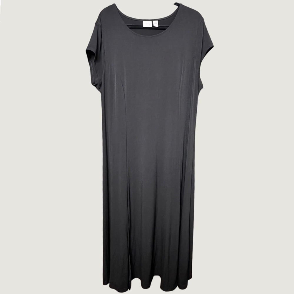 Chico's Black Maxi Dress Size 3 Short Sleeve Stretch Scoop Neck Stretch Jersey